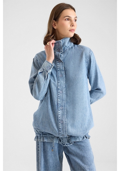 Olcay Büzgü Detaylı Soft Denim Ceket Pantolon İkili Takım Mavi 9472-tk