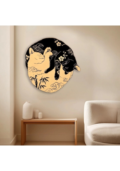 Yin Yang Kediler Japon - Metal Tablo - Dec0166 60 X 60 Cm Çok Renkli