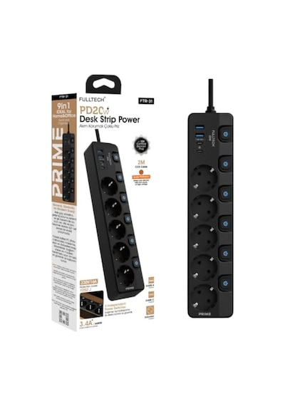 Akım Korumalı Priz, 5'li Priz Soketi, 5x Fiş Soketi, 20w Pd Hızlı Şarj, 2x Usb Girişi, 2x Type-c Girişi, Isıya 0
