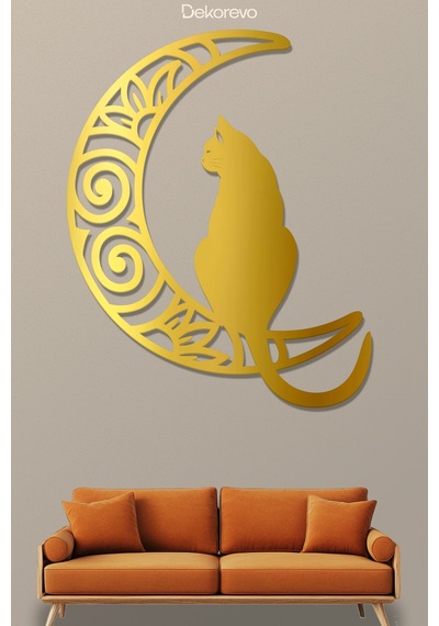 Aydaki Kedi Metal Duvar Tablosu - Metal Duvar Sanatı - Altın - 60 X 75 Cm