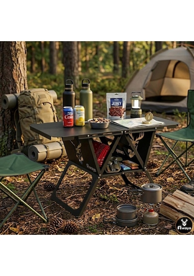 Fiways Axıs V2 Mat Siyah Metal Kamp Masası, 1mm Çelik Gövde, Profesyonel Katlanır Çantalı Outdoor Sehpa