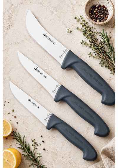 Sürmene Silver Serisi 3 Lü Mutfak Bıçak Seti Gri Sap Mutfak Kasap Et Ekmek Sebze Bıçağı Hds-104