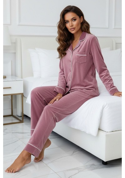Kadın Kadife Boydan Düğmeli Şerit Detaylı 2'li Pijama Takım Pudra