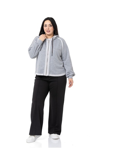 Büyük Beden Kapüşonlu Fermuarlı Üç İplik Gri Melanj Sweatshirt-gri Melanj Gri Melanj