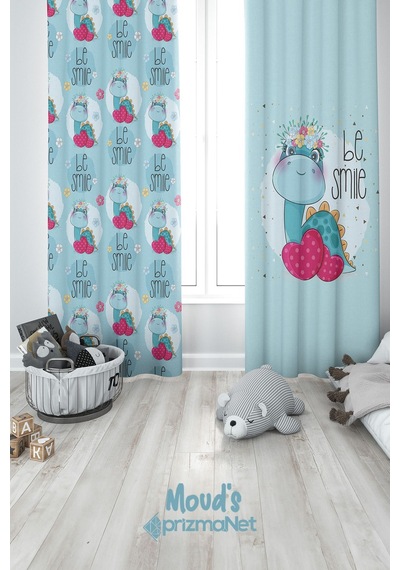 Minik Dinozor Desenli Baskılı Çocuk Ve Bebek Odası Fon Perdesi 2 Kanat - Prd-09 Çok Renkli