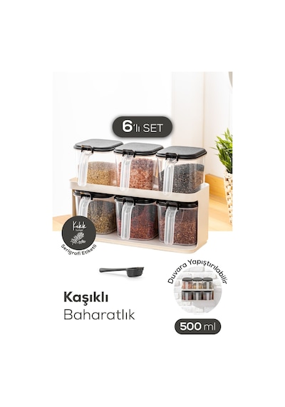 Vienev 6'lı Beyaz Standlı Kaşıklı Etiketli Kendinden Yapışkanlı Baharatlık Seti Beyaz Beyaz