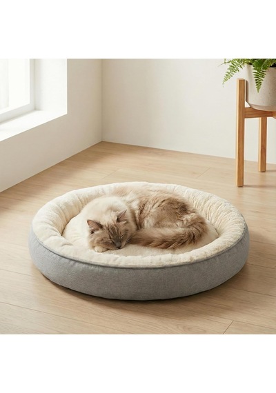 Bunny Kedi Ve Köpek Yatağı Bej 85x85x15 Cm Büyük, Donut Şekli, Yükseltilmiş Kenar, Ultra Yumuşak Peluş, Gergin