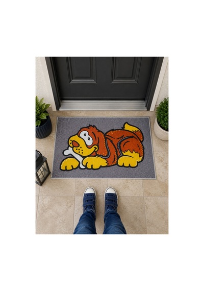 Çizgi Karakter Köpek Figürlü Retro Tasarım Dekoratif Kapı Önü Paspası 40x60cm Çok Renkli