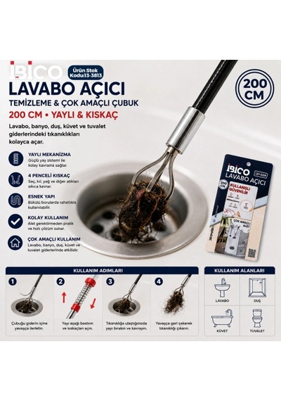 200cm Yaylı - Kıskaç Lavabo - Gider Vb.temizleme - Çok Amaçlı Çubuk 5324 11256627