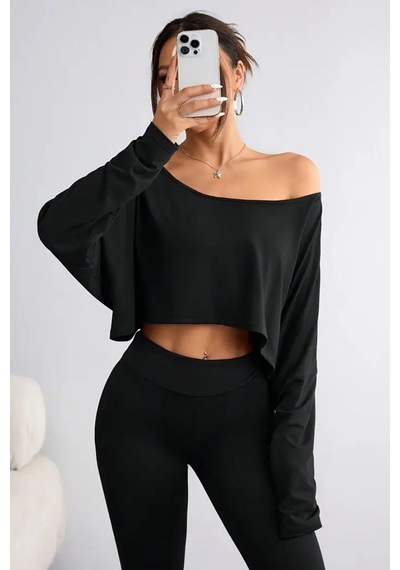 Kadın Düşük Omuz Kayık Yaka Oversize Uzun Kollu Crop T-shirt Siyah