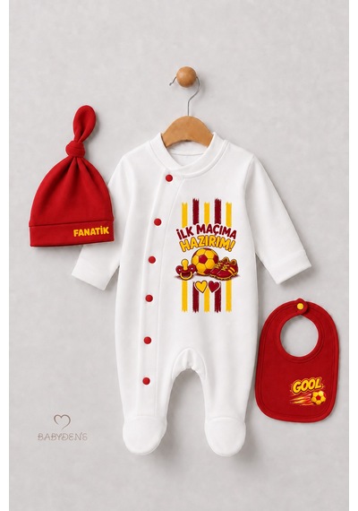 Babyden's 3'lü Bebek Tulum Seti %100 Pamuk Taraftar Temalı Sarı Kırmızı İlk Maçıma Hazırım Baskılı Şapka Önlük Seti