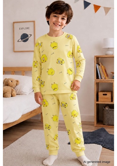 Erkek Çocuk Yeni Sezon Pamuklu Desenli Pijama Takım Tkm1022 Sarı