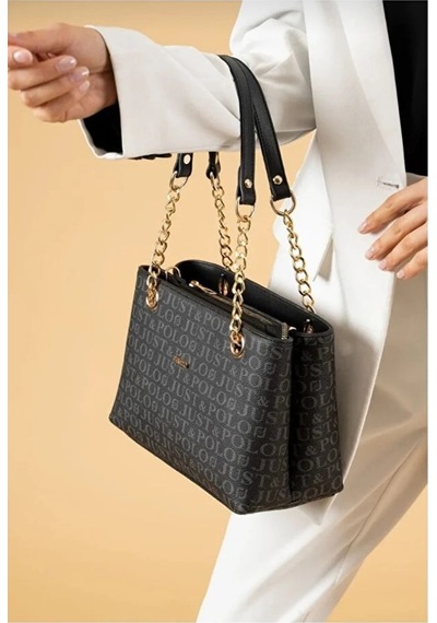 Just Polo Orijinal Kadın 3 Bölmeli Zincir Detaylı Ayarlanabilir Askılı Lüks El & Omuz Çantası Shoulder Bag Siyah