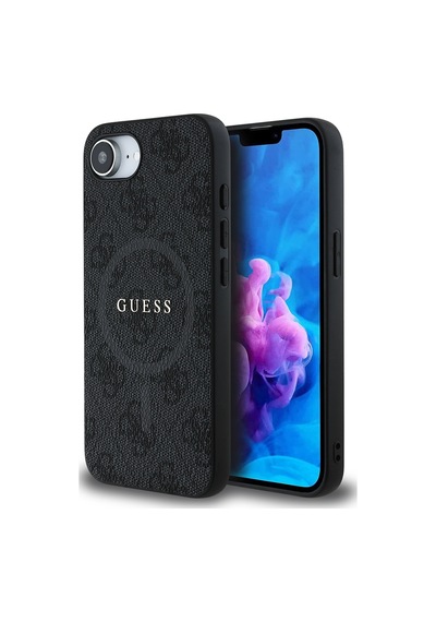 Apple iPhone 16e Uyumlu Kılıf Guess Lisanslı M safe Pu Halkalı 4g Desenli Yazı Logolu Kapak Siyah