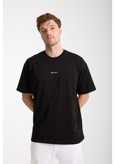 Erkek Milano Nakış Yazılı Oversize Bisiklet Yaka T-shirt Siyah