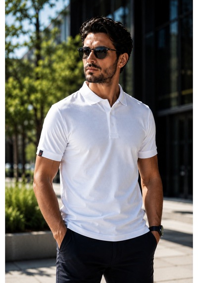 Luxıc Core Erkek Polo Yaka Beyaz Tişört Likralı Pike Kumaş Terletmez Slim Fit Günlük Şık Tasarım