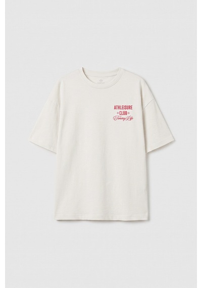 Ekru Oversize Kısa Kollu Baskılı Kız Çocuk T-shirt - 75175