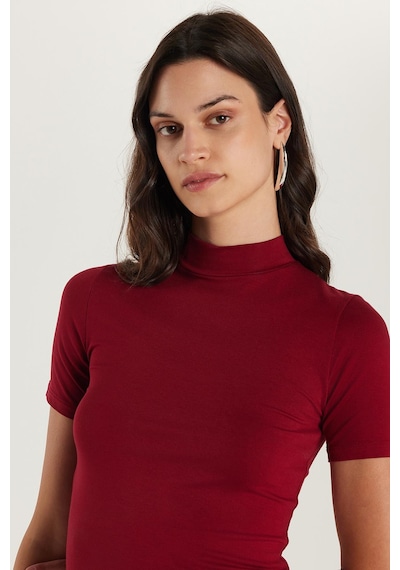 Tudors Kadın Standart Fit Kısa Kollu Yarım Balıkçı Yaka Bordo Bluz-34635 Bordo