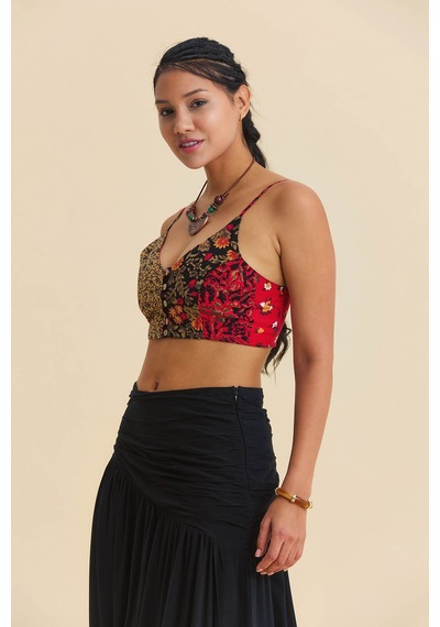 İnce Askılı Düğme Detaylı Crop Bluz Desenli