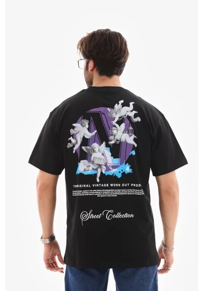 Modi Green Modern Sanat Baskılı Unisex Siyah Bisiklet Yaka Oversize Tişört