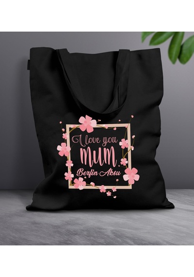 Bk Gift Kişiye Özel İsimli Anneler Günü Tasarımlı Siyah Kumaş Bez Çanta, Baskılı Omuz Çantası, Alışveriş Çantası, Anneler Günü Hediyesi, Anneye Hediye-7