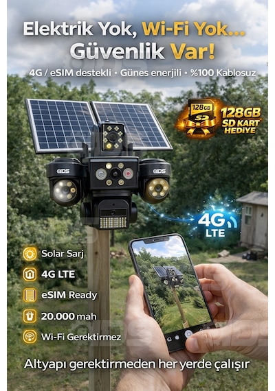 4 Lens 20mp Ultra Hd Tam Kontrol Sim Kartlı Güneş Enerjili Kamera 12xzoom Çakar Led Sd Kart