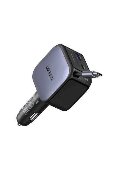Ugreen 60w Usb-c Makaralı Dahili Kablolu Hızlı Araç Çakmaklık Şarj Cihazı, 1x Usb-c 1x Usb-a, 55212b