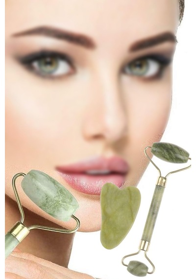 2li Jade Roller Kalp Şeklinde Ve Çift Taraflı Yüz Masaj Aleti Yüz Bakım Seti 2li Set Doğal