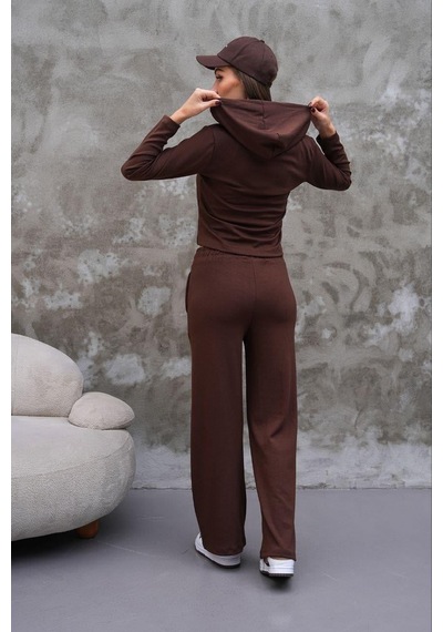 Elaxi Modal Kumaş Slim Fit Kapüşonlu İkili Takım Kahverengi