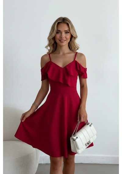 Defymoda Kadın Kısa Boy Zarif Tasarım Şık Elbise Bordo