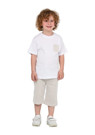 Erdem Kıds Erkek Çocuk Basic T-shirt Şort Çizgili Kaprili Yazlık 2'li Takım Bej Bej