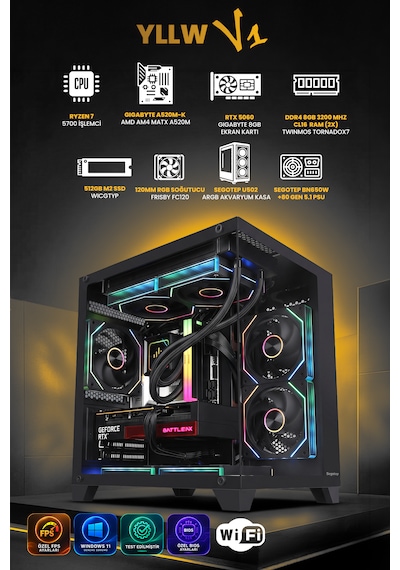 Gamers Arena YLLW V1 R7-5700 16 GB 512 GB SSD RTX5060 Dos Masaüstü Oyuncu Bilgisayarı