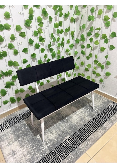 Özcan Metal Beyaz Metal Ayaklı Sırtlı Siyah Mutfak Salon Antre Yatak Odası Puf Bank Oturak Bench Siyah