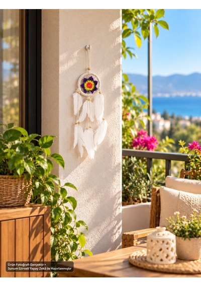 Araba Dikiz Ayna Süsü Renkli Örgü Detaylı Beyaz Tüylü Düş Kapanı Dreamcatcher Duvar Ve Oda Süsü