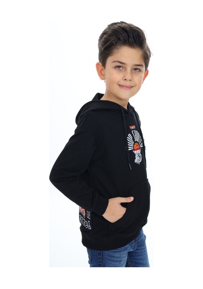 Toontoy Kids Erkek Çocuk Relax Fit Kapüşonlu Cepli Hafif Düşük Omuz Baskılı Sweatshirt Siyah