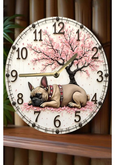 Sakura Ağacı Ve Fransız Bulldog Temalı Mdf Duvar Saati 33 Cm Sdw325 Renkli