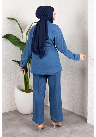 Misskayle Taş Detaylı Kuşaklı Denim Tesettür Takım Açık Mavi Açık