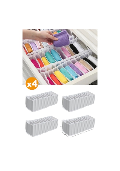 4 Adet - 11 Gözlü Çekmece Içi Akordiyon Organizer - Small 11 X 41 X 12 Kumaş Gri Diğer