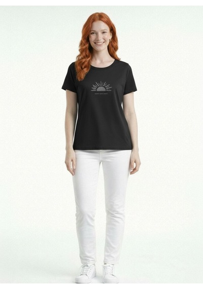 Neden Tekstil Kadın Basic Güneş Desenli Yuvarlak Yaka Kısa Kollu T-shirt - Siyah
