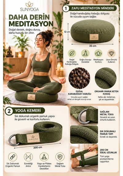 Zafu Meditasyon Minderi + 200 Cm Yoga Kemeri Seti Karabuğday Dolgulu 35x12 Cm Yeşil