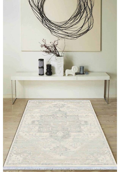 Ekru Vintage Dokuma Pamuk Tabanlı Kaymaz Kilim Klm369n11