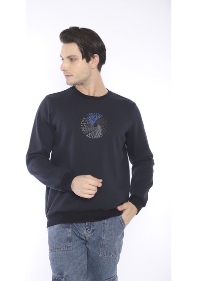 Escetic Erkek Spor Slimfit, Bisiklet Yaka Lacivert Sweatshirt-426 Lacivert