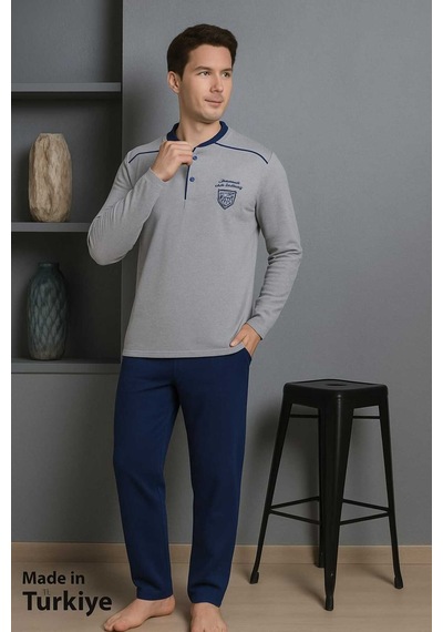Eyfuze Erkek Yakası Düğmeli %100 Pamuklu Mevsimlik Örme Penye Uzun Kollu Pijama Takımı Gri