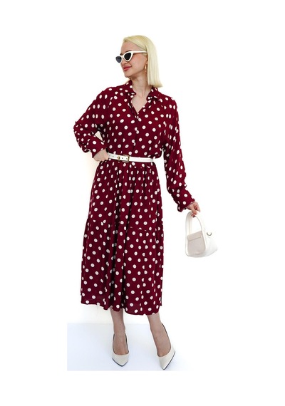 Madmext Bordo Uzun Kollu Düğmeli Desenli Elbise Mg2430 Bordo