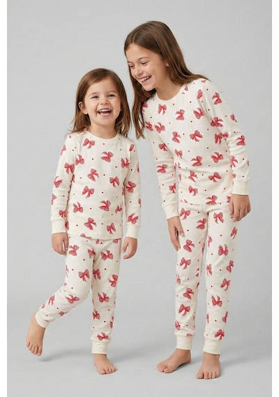 Ekru Renk Kırmızı Fiyonk Baskılı Kız Çocuk Pijama Takımı Ekru