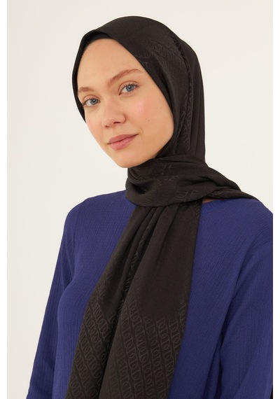 Mirsoy Scarf Halka Desen Parlak Jakar Şal - Siyah Siyah