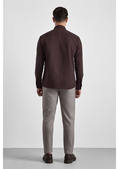Süvari Koyu Kahve Slim Düğmeli Yaka Düz Casual Gömlek Gm2008000264-kh9