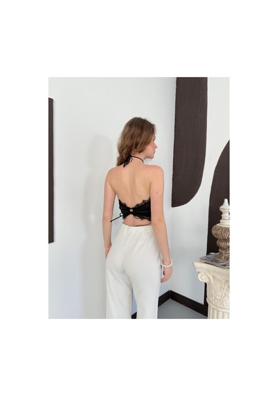 Verymoda Dantel Detaylı Sırt Dekolteli Halter Yaka Saten Bluz Siyah