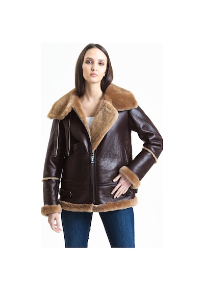 M M Marki Marki Kadın Kahverengi Vintage Deri Mont, Kahverengi Kürklü, Balıkçı Yaka, Oversize - 105222 Siyah Kahverengi