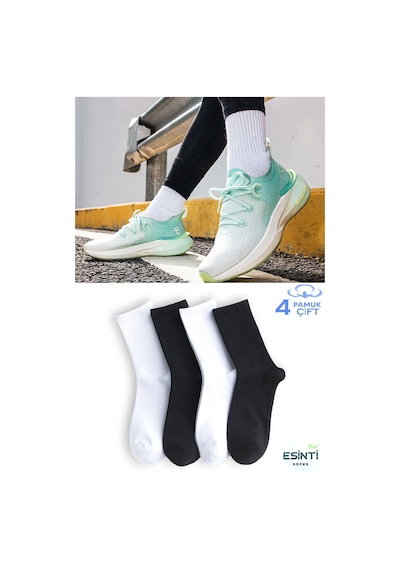 Esinti Erkek Spor Çorap Kadın Çorap Uzun Beyaz Yazlık Çorap Spor Futbol Tenis Çorabı 4 Adet Siyah - Beyaz